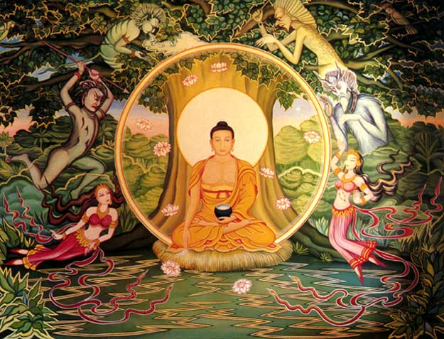Pintura del Buda meditando bajo el árbol Bodhi mientras Mara y sus huestes intentan tentarlo